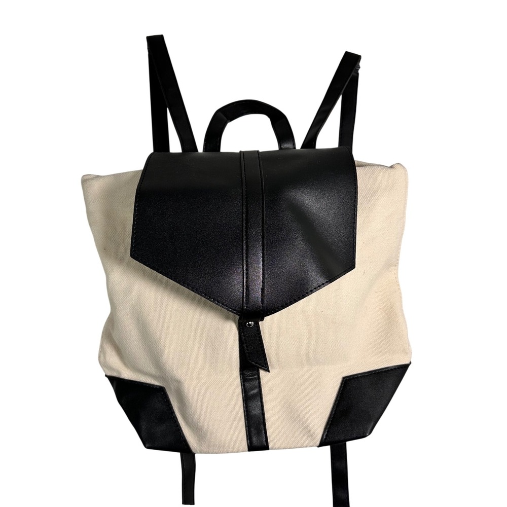 Deux Lux Cream Canvas Black Faux Leather Minimalist Flap Backpack Bag